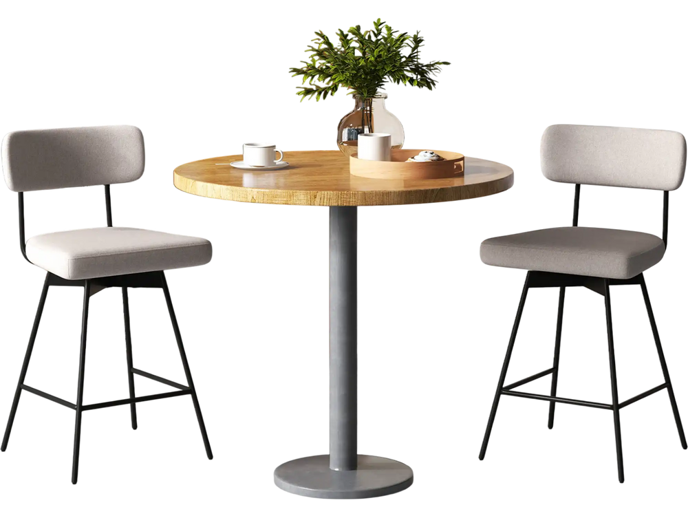 Modern upholstered bar stools with backrest and footrests in beige, perfect for kitchen islands or dining areas.