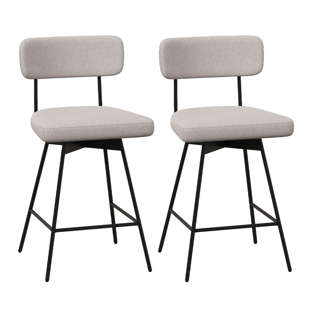 Set of two 25-inch modern upholstered bar stools in beige with metal legs, curved backrests, and footrests for comfort.