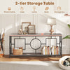 2-tier faux marble top console table with rustic brown finish, featuring a sturdy metal frame and ample storage for.