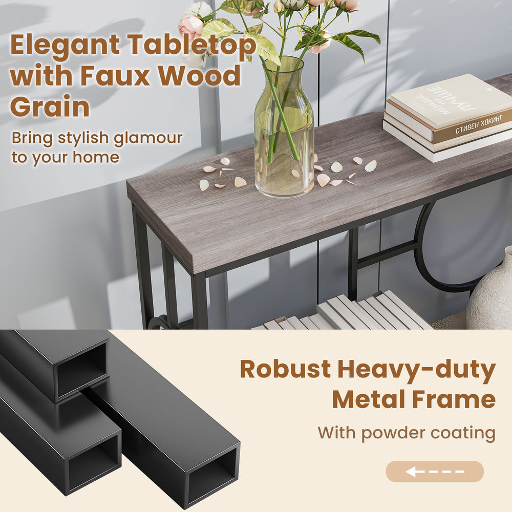 2-tier console table with faux wood-grain top and robust metal frame, perfect for hallway organization and decor.