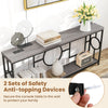 2-tier faux marble top console table in rustic brown with metal frame, featuring anti-topping devices for safety.