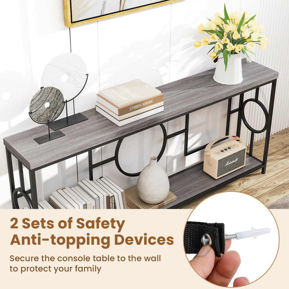 2-tier faux marble top console table in rustic brown with metal frame, featuring anti-topping devices for safety.
