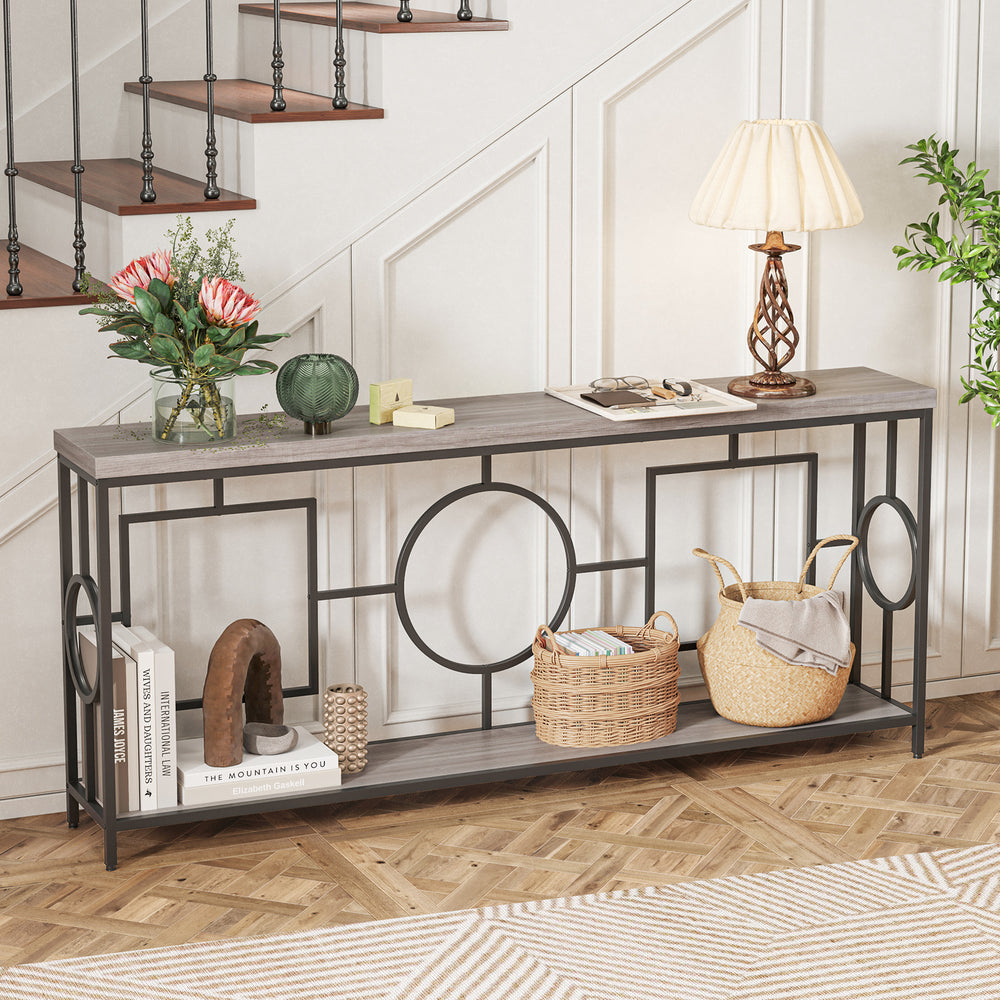 2-tier console table with faux marble top, rustic brown finish, and metal frame for hallway storage and organization.