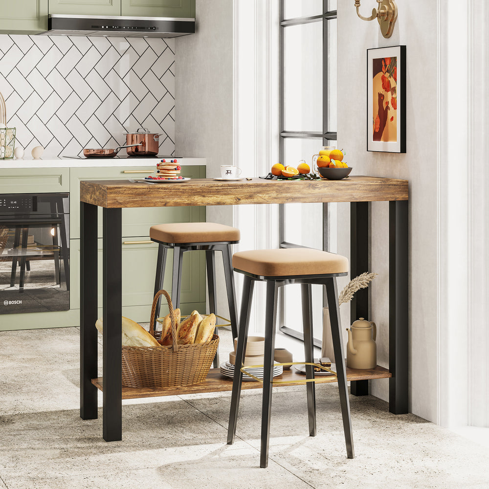 Rustic brown 2-tier home bar table with open shelves, ideal for kitchen or living room storage and style.