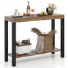 Rustic brown 2-tier home bar table with open shelves, perfect for kitchen or living room storage and decor.