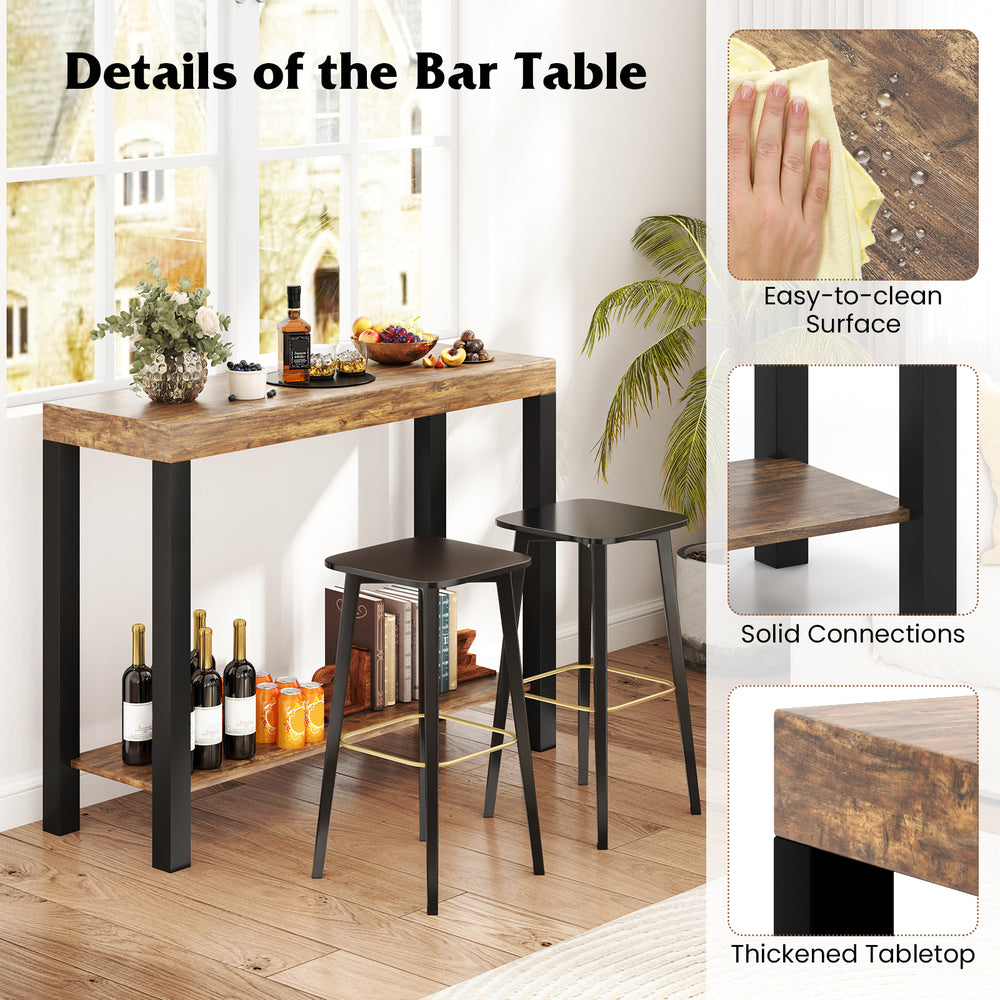 Rustic brown 2-tier home bar table with open shelves, solid connections, and easy-to-clean surface for versatile indoor.
