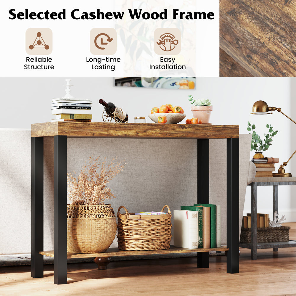 2-tier rustic brown home bar table with open shelves, handcrafted cashew wood frame for kitchen or living room use.