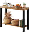 Rustic brown 2-tier home bar table showcasing an extra-long tabletop and stylish open shelves for organized storage.