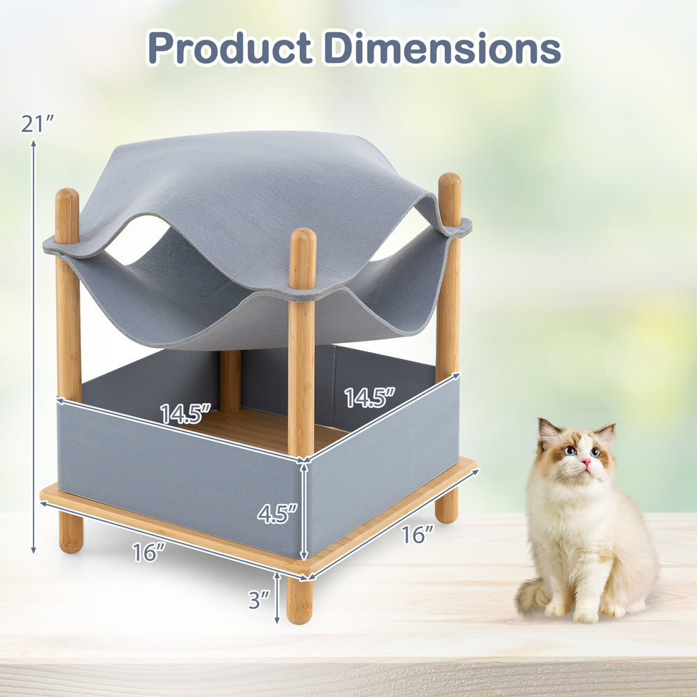2-tier wooden cat house in gray with removable hammock, featuring bamboo frame and compact design for versatile.