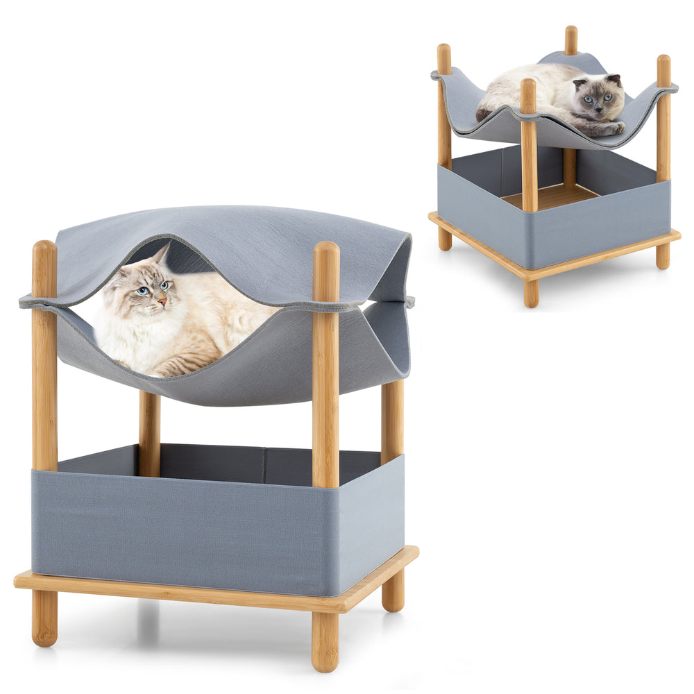 2-tier wooden cat house in gray with hammock design, bamboo frame, and removable storage shelf for cat supplies.