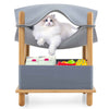 2-tier wooden cat house with gray hammock, bamboo frame, and storage shelf for cat supplies in a compact design.
