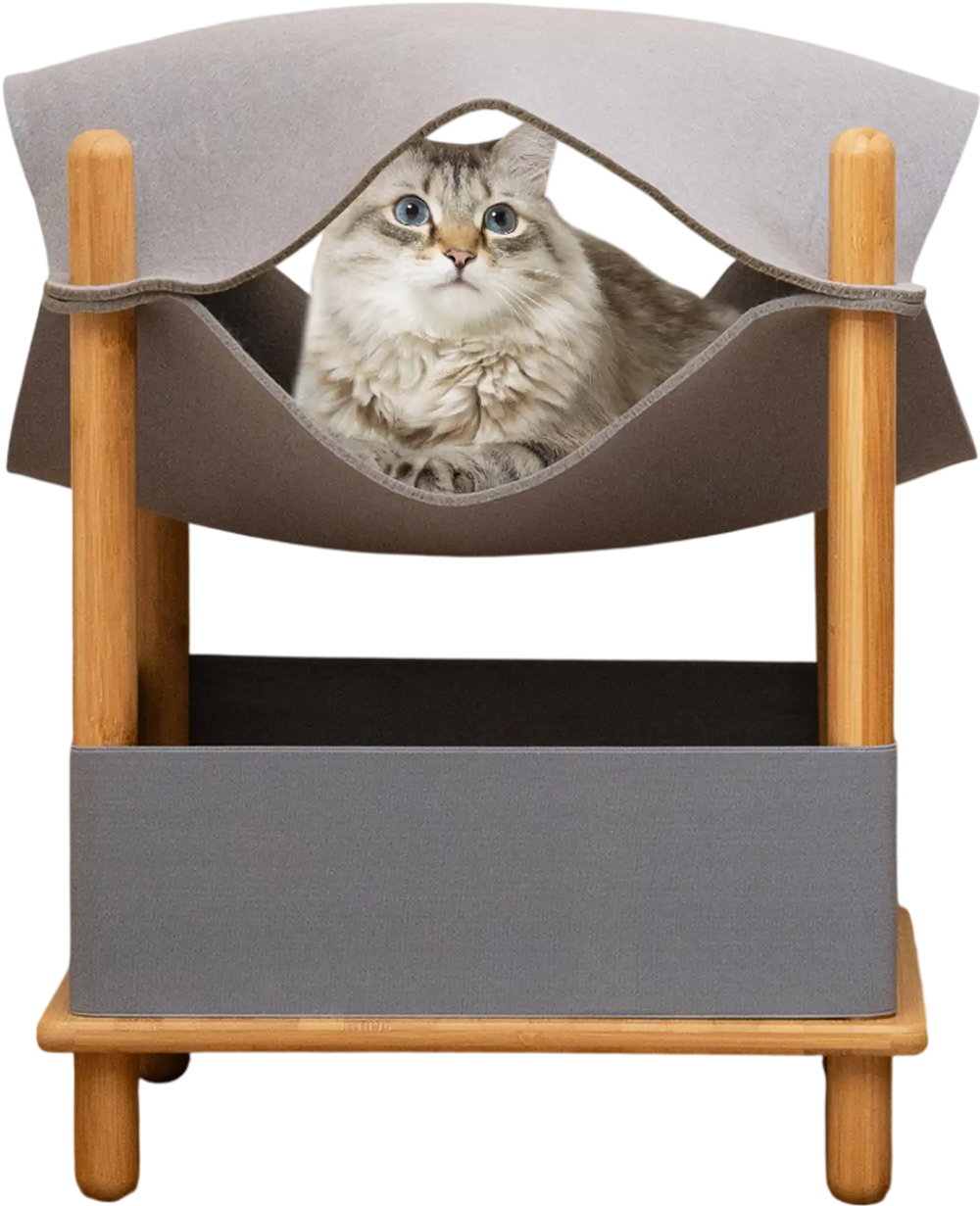 2-tier wooden cat house in gray with a semi-enclosed condo, featuring a bamboo frame and soft felt cloth for comfort.