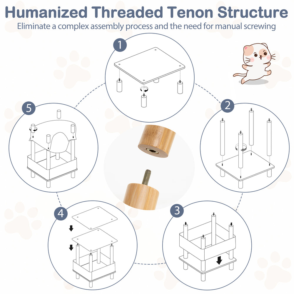 2-tier wooden cat house with bamboo frame, removable felt cloth, and tool-free assembly for easy setup and maintenance.