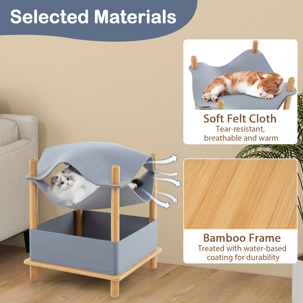 2-tier wooden cat house in gray with bamboo frame, soft felt cloth, and removable top for versatile use.