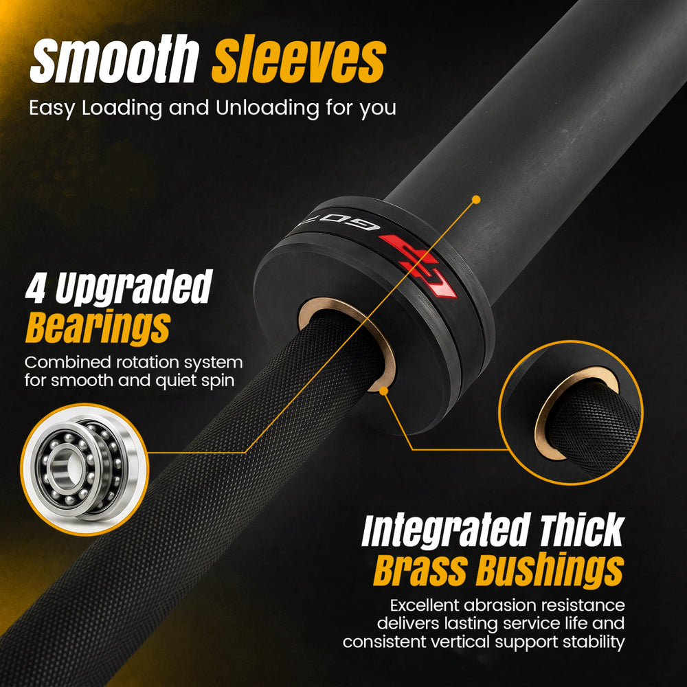 7FT Olympic bar with smooth sleeves, 4 upgraded bearings, and 2000 lbs capacity for effective home gym training.