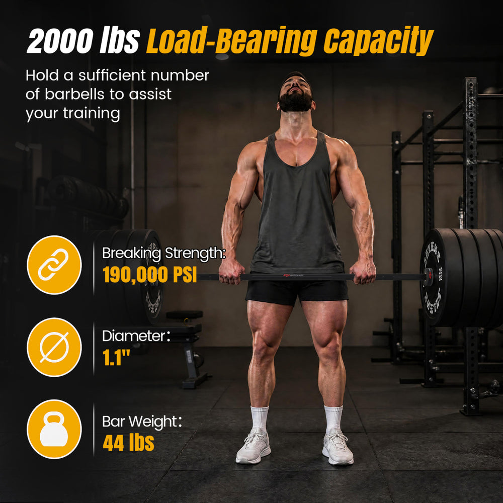 7FT Olympic bar with 2000 lbs capacity, 44 lbs weight, and premium knurling for secure grip during heavy lifting.