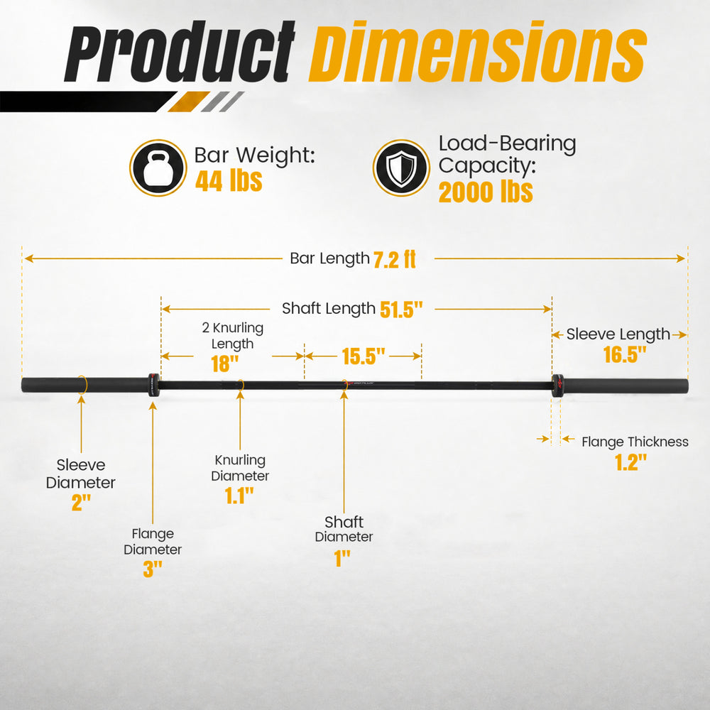 Detailed dimensions of the 7FT Olympic bar, showcasing its 2000 lbs capacity, knurling, and sleeve specifications.