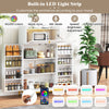 Freestanding white kitchen pantry cabinet with built-in LED light strip, multiple shelves, and power outlets for.