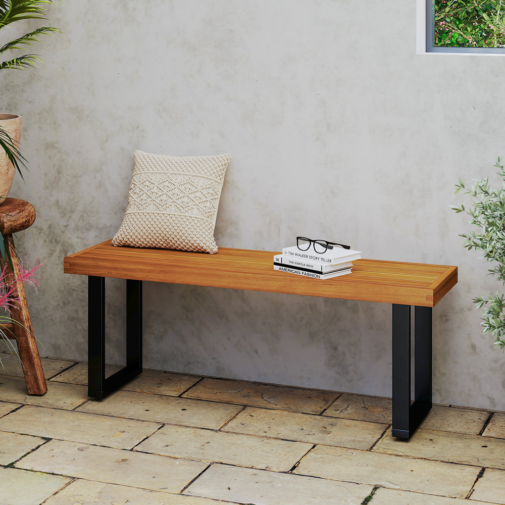 Acacia wood outdoor bench with a sturdy metal frame, ideal for patio dining or garden seating, comfortably seats 2.