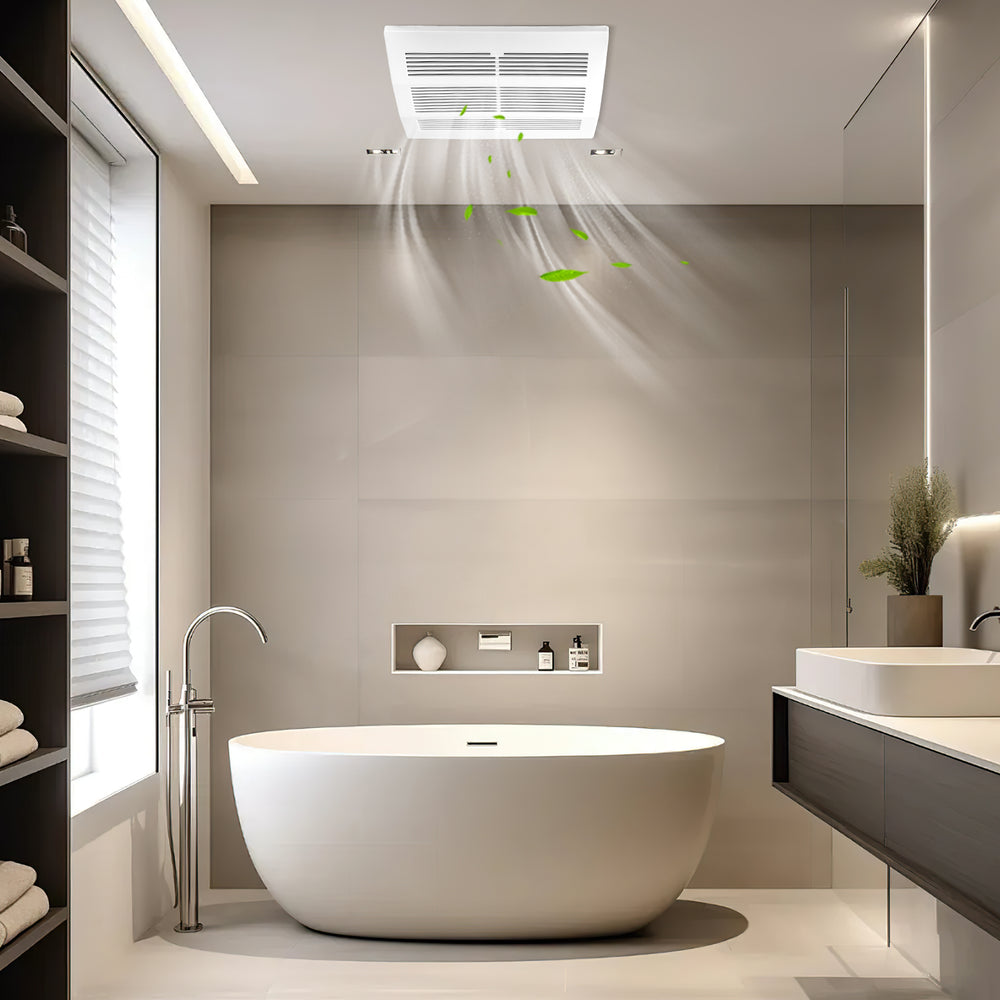 200 CFM bathroom exhaust fan with metal housing, designed for efficient ventilation in spaces up to 200 sq. ft.