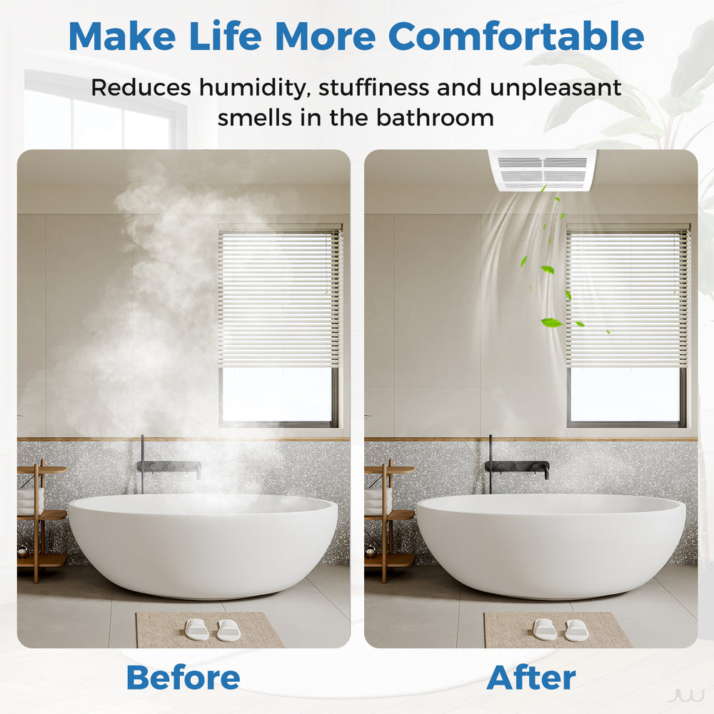 200 CFM bathroom exhaust fan with metal housing, shown in a before-and-after humidity reduction scenario.