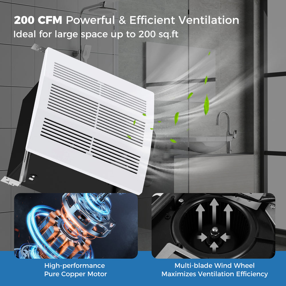 Multi-blade wind wheel design of the 200 CFM bathroom exhaust fan enhances ventilation efficiency for up to 200 sq. ft.