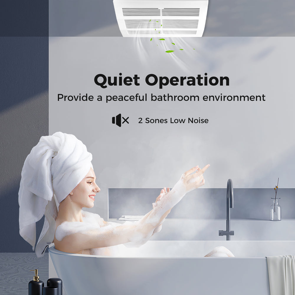 200 CFM bathroom exhaust fan with metal housing, showcasing quiet operation for a peaceful bathroom environment.
