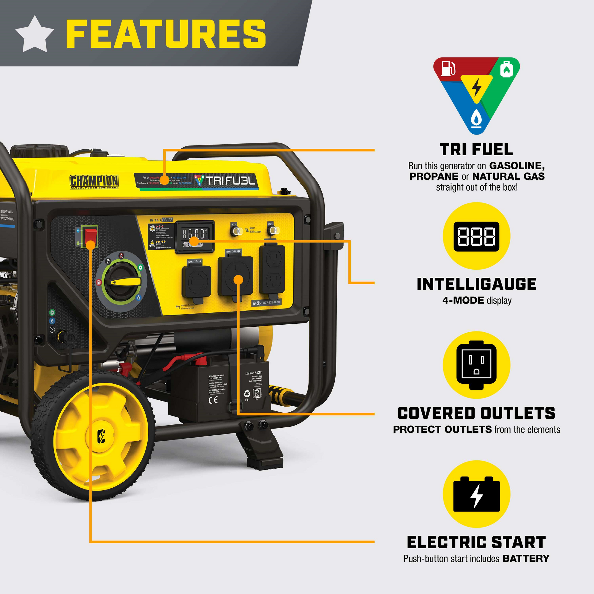 Champion 201223 4000W 5000W Generator Tri Fuel Gas Propane Natural