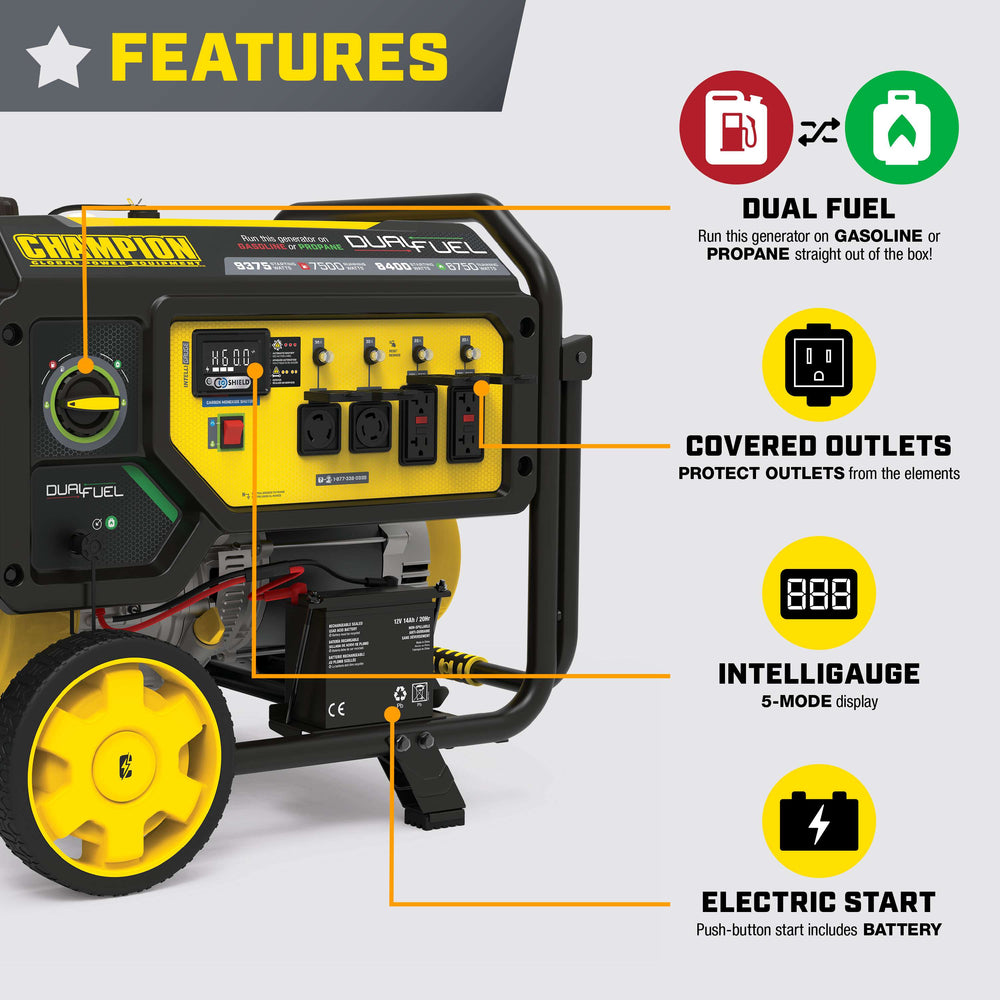 Champion 201281 7500W/9375W Generator Dual Fuel Gas Propane CO Shield Electric Start New