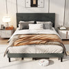 Upholstered headboard of queen size bed frame in dark gray with square stitched design and premium linen fabric for.