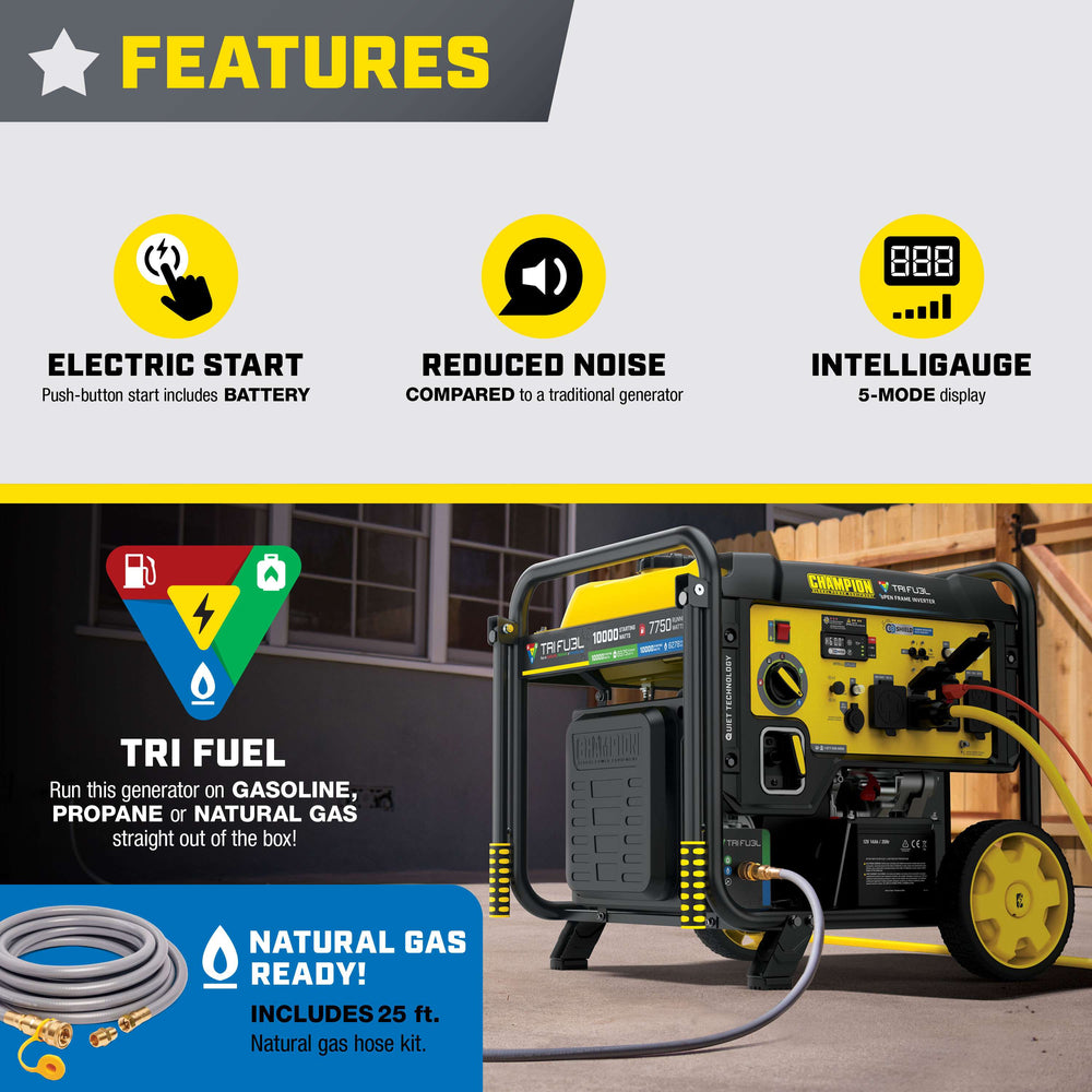 Champion 201520 7750W/10000W Generator Tri Fuel Gas Propane Natural Gas Low THD Inverter 50A CO Shield Electric Start New
