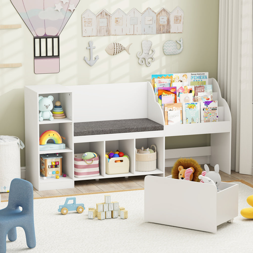 Kids bookcase with reading nook, featuring 6 storage cubbies and removable cushion, ideal for children's rooms.