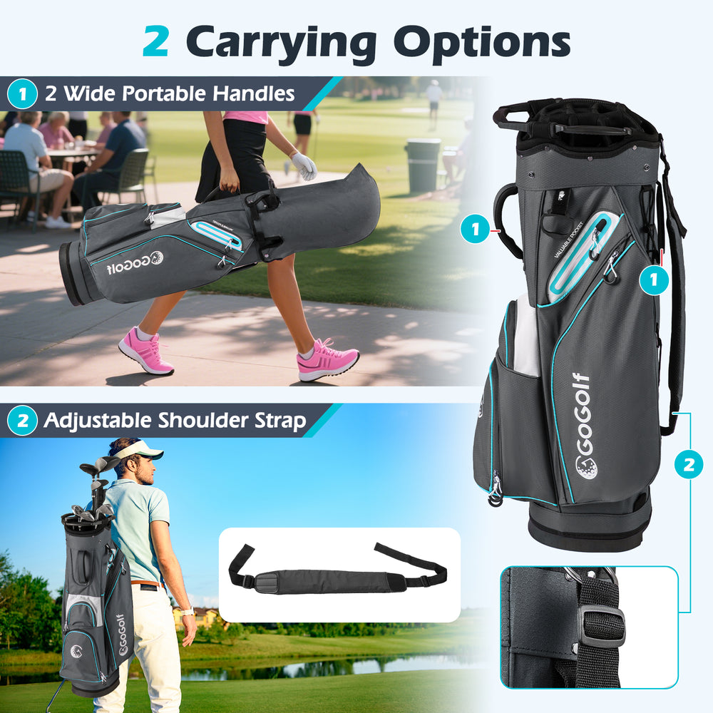 Lightweight gray golf cart bag with 14-way dividers, adjustable shoulder strap, and multiple storage pockets for.