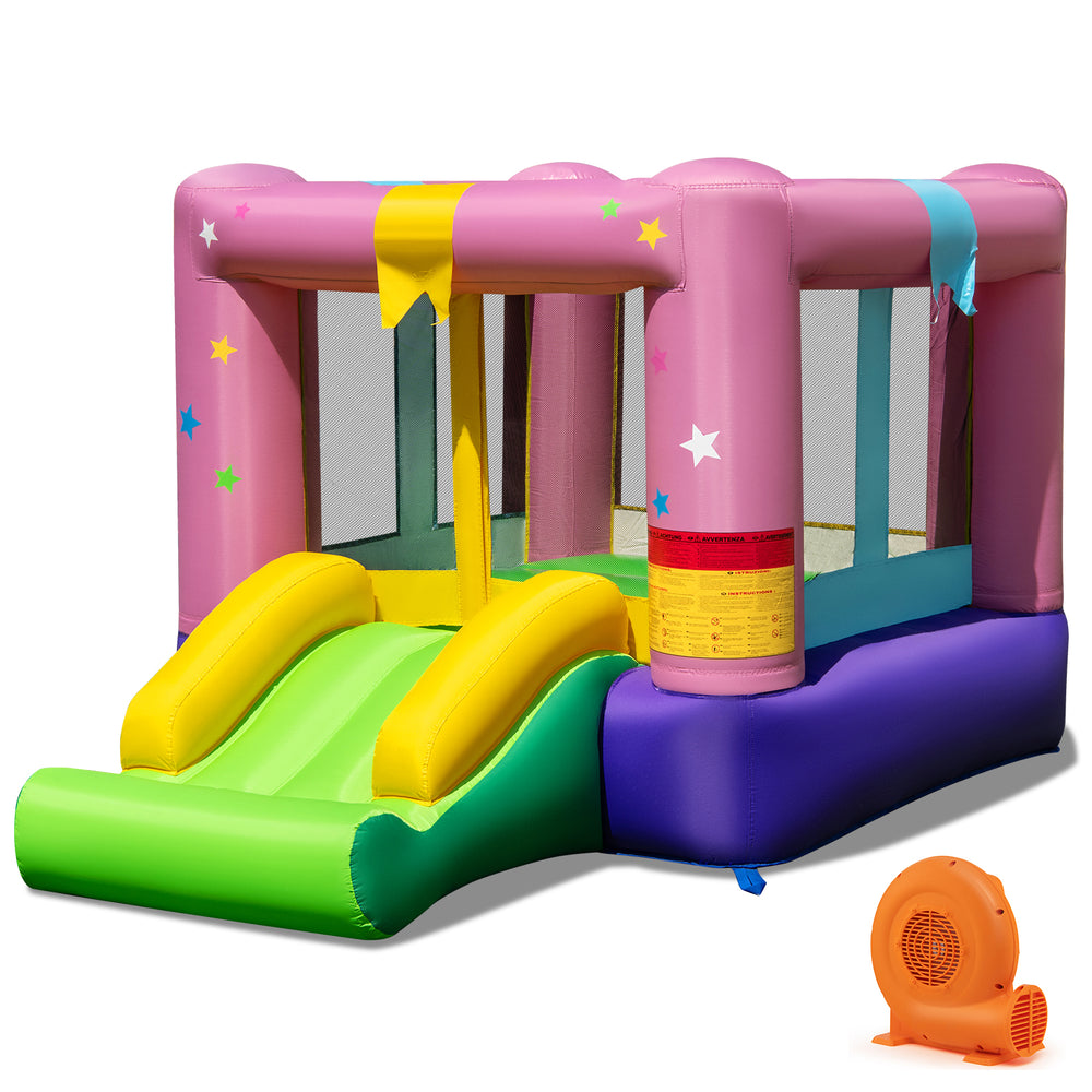 Bouncy castle with slide and basketball hoop, made of durable 420D oxford cloth, perfect for kids' indoor and outdoor.
