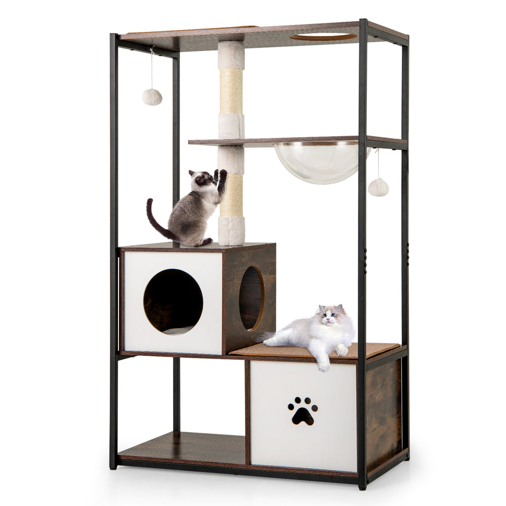 Wooden cat tree with large platforms and dangling balls, designed for climbing, lounging, and interactive playtime.