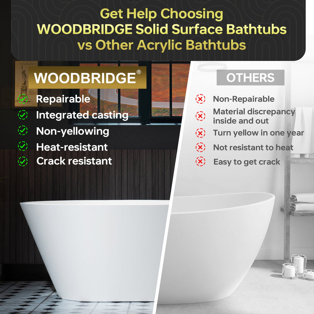 WOODBRIDGE B0041-2.0 Freestanding Solid Surface Stone Resin Bathtub 59" Matte White New