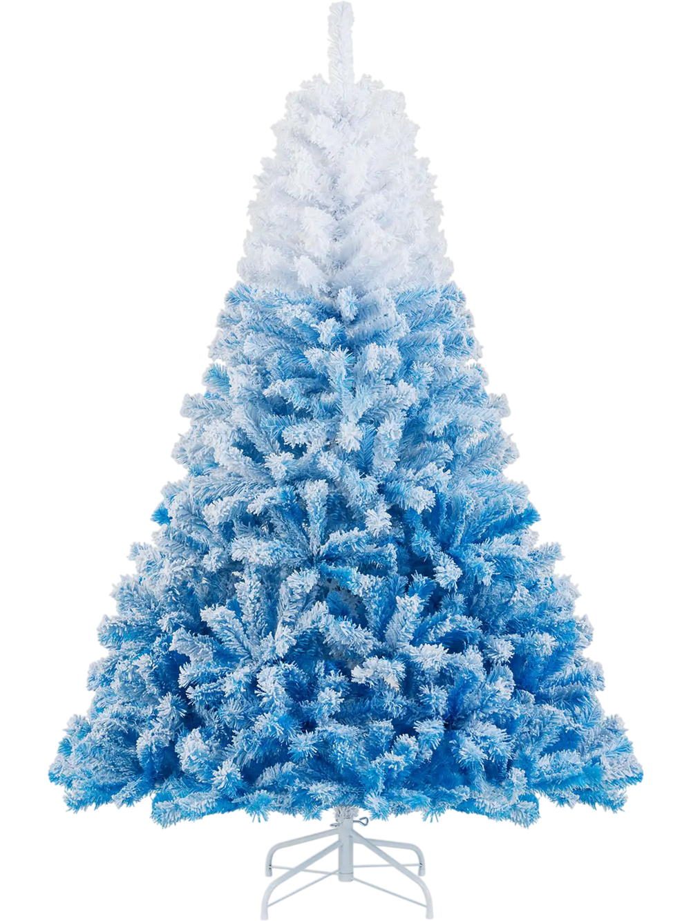 6FT artificial Christmas tree with 456 flocked branch tips in a gradient blue design, perfect for holiday decor.