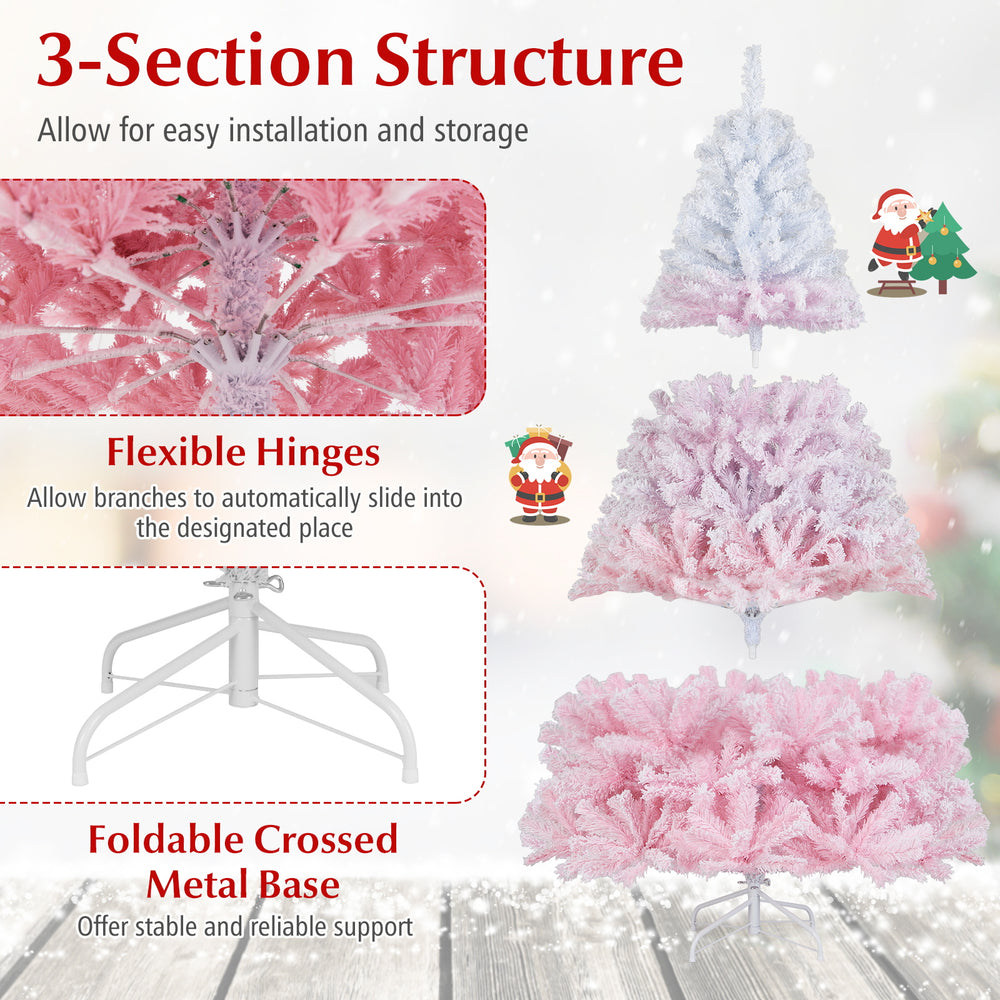 6FT artificial Christmas tree with 456 flocked branch tips, flexible hinges, and a folding metal stand for easy setup.