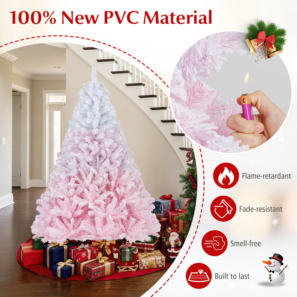 6FT artificial Christmas tree with 456 flocked branch tips, made of fireproof PVC, perfect for holiday decor.