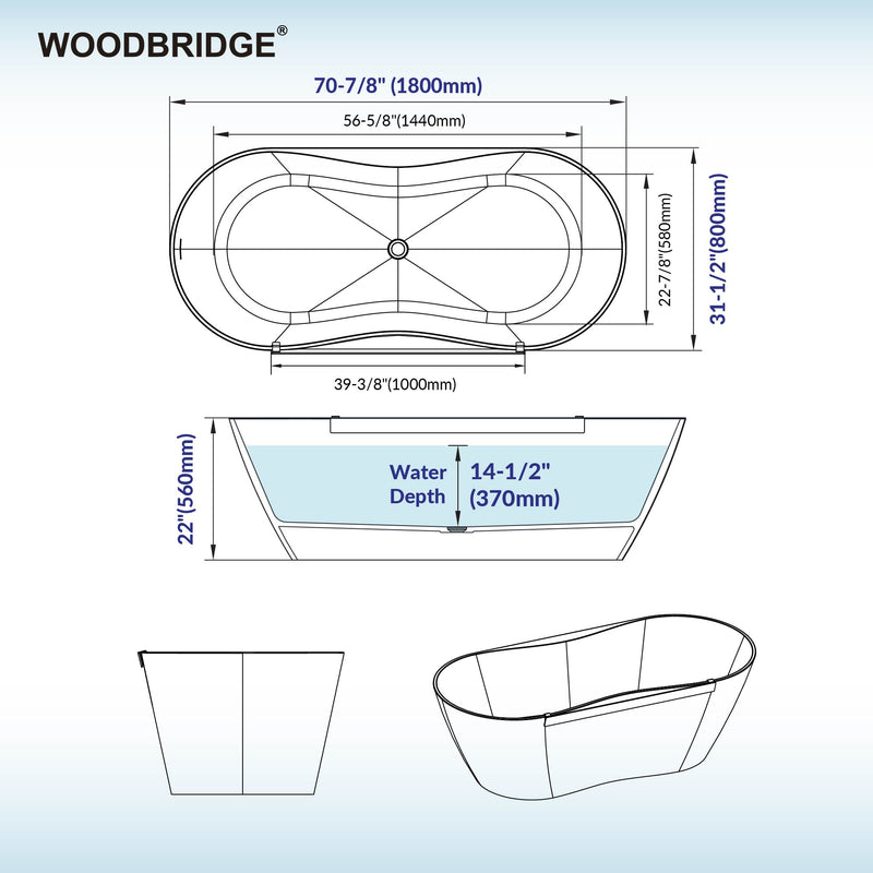 WOODBRIDGE MST0808 Freestanding Bathtub 71" L x 31-1/2" W Matte White New