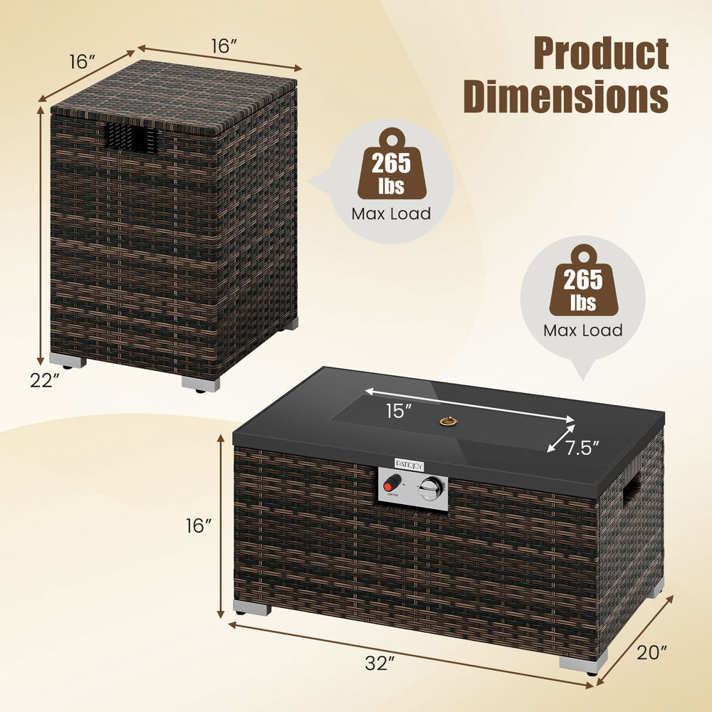 Rectangle gas firepit with tank cover in brown PE rattan, featuring a black tempered glass top and dimensions of.