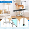 Foldable dog grooming table with height adjustable arms, non-slip surface, and sturdy H-shaped metal frame for.