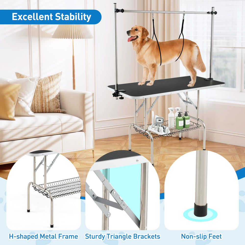 Foldable dog grooming table with height adjustable arms, non-slip surface, and sturdy H-shaped metal frame for.