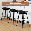 Close-up of a black swivel barstool's saddle seat, featuring faux leather upholstery and ergonomic design for comfort.