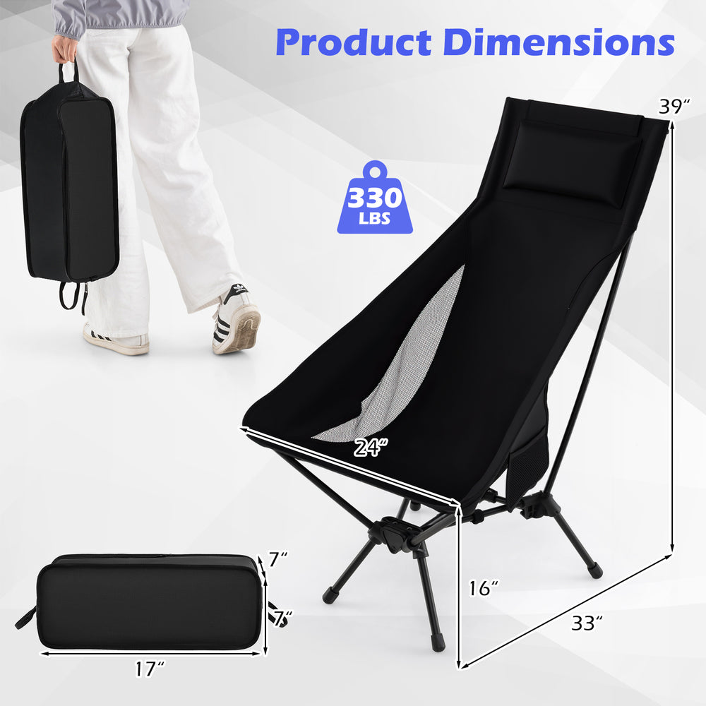 High back portable camping chair in black with dimensions, compact carry bag, and ergonomic design for comfort.