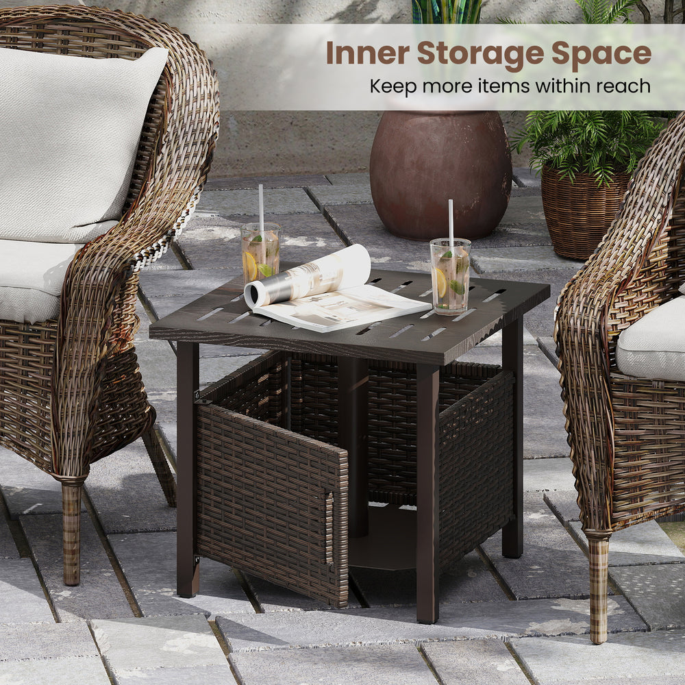 Square outdoor side table in brown PE wicker with inner storage, featuring a 1.93" umbrella hole for patio use.