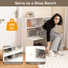 Entryway shoe cabinet in white with spacious seat surface, 4-cube storage, and anti-tipping kits for safety.