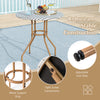 27.5 inch outdoor bistro table with a heavy-duty metal frame and adjustable foot pads, perfect for patio or garden use.