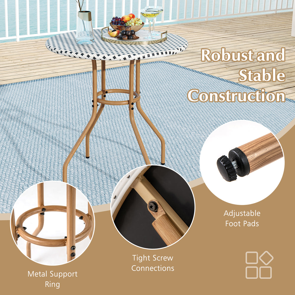 27.5 inch outdoor bistro table with a heavy-duty metal frame and adjustable foot pads, perfect for patio or garden use.