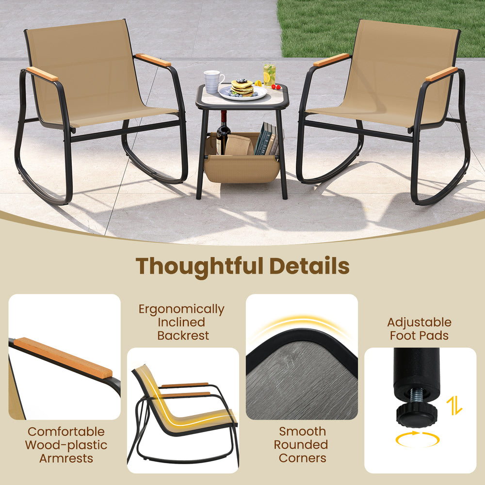 Rocking bistro chair set with ergonomic design and storage table, ideal for outdoor relaxation in brown.